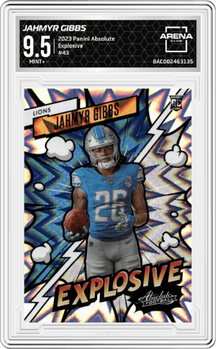 Jahmyr Gibbs from the 2023 Panini Absolute set graded by Arena Club and given an overall grade of 9.5.