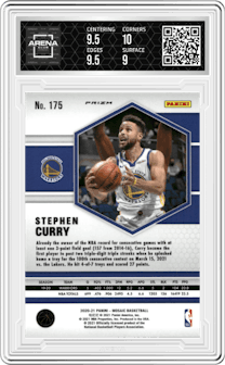 Stephen Curry from the 2020-21 Panini Mosaic set featuring a Genesis  parallel and given an overall grade of 9.5.