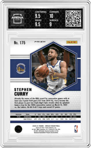 Stephen Curry from the 2020-21 Panini Mosaic set featuring a Genesis  parallel graded by Arena Club and given an overall grade of 9.5.