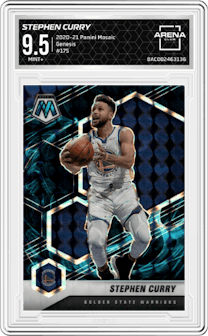 Stephen Curry from the 2020-21 Panini Mosaic set featuring a Genesis  parallel and given an overall grade of 9.5.