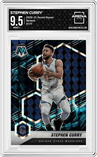 Stephen Curry from the 2020-21 Panini Mosaic set featuring a Genesis  parallel graded by Arena Club and given an overall grade of 9.5.