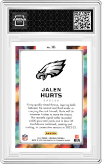 Jalen Hurts from the 2024 Panini Obsidian set graded by Arena Club.