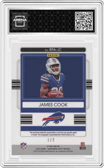 James Cook  from the 2022 Panini Contenders Optic set featuring a Nebula parallel graded by Arena Club.