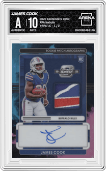 James Cook  from the 2022 Panini Contenders Optic set featuring a Nebula parallel graded by Arena Club.