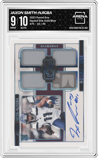 Jaxon Smith-Njigba from the 2023 Panini One set featuring a Blue parallel graded by Arena Club and given an overall grade of 9.