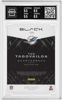 Tua Tagovailoa from the 2020 Panini Black set featuring a Silver parallel and given an overall grade of 9.