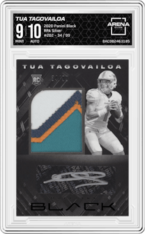 Tua Tagovailoa from the 2020 Panini Black set featuring a Silver parallel and given an overall grade of 9.