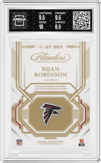 Bijan Robinson from the 2023 Panini Flawless set featuring a Ruby parallel graded by Arena Club and given an overall grade of 9.