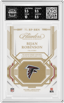 Bijan Robinson from the 2023 Panini Flawless set featuring a Ruby parallel and given an overall grade of 9.