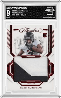 Bijan Robinson from the 2023 Panini Flawless set featuring a Ruby parallel graded by Arena Club and given an overall grade of 9.