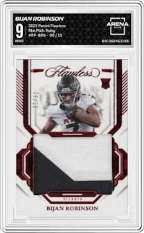 Bijan Robinson from the 2023 Panini Flawless set featuring a Ruby parallel and given an overall grade of 9.