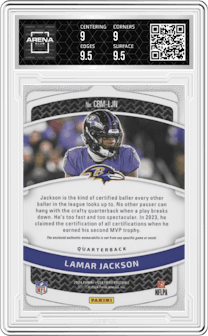  Lamar Jackson from the 2024 Panini Certified set featuring a Mirror Gold parallel graded by Arena Club and given an overall grade of 9.5.