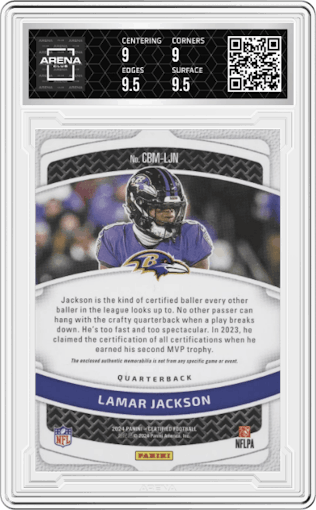  Lamar Jackson from the 2024 Panini Certified set featuring a Mirror Gold parallel graded by Arena Club and given an overall grade of 9.5.