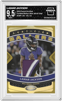  Lamar Jackson from the 2024 Panini Certified set featuring a Mirror Gold parallel graded by Arena Club and given an overall grade of 9.5.