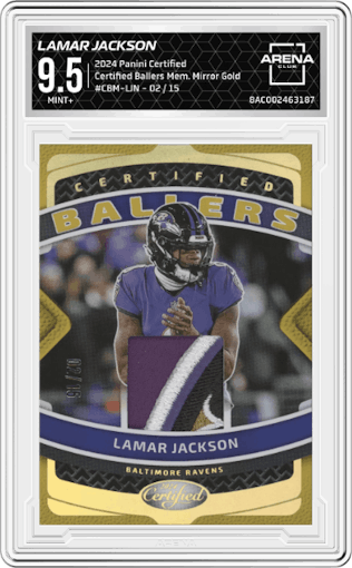  Lamar Jackson from the 2024 Panini Certified set featuring a Mirror Gold parallel graded by Arena Club and given an overall grade of 9.5.