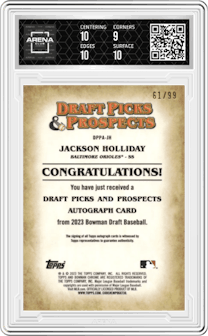Jackson Holliday from the 2023 Bowman Draft set graded by Arena Club and given an overall grade of 9.5.