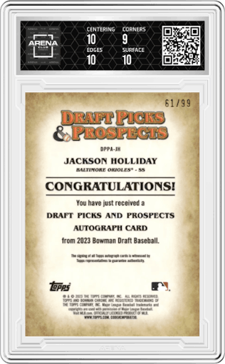 Jackson Holliday from the 2023 Bowman Draft set graded by Arena Club and given an overall grade of 9.5.