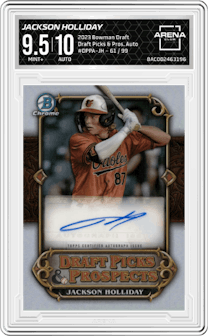 Jackson Holliday from the 2023 Bowman Draft set graded by Arena Club and given an overall grade of 9.5.