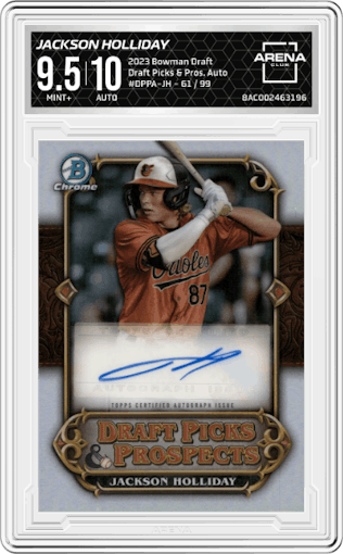 Jackson Holliday from the 2023 Bowman Draft set graded by Arena Club and given an overall grade of 9.5.