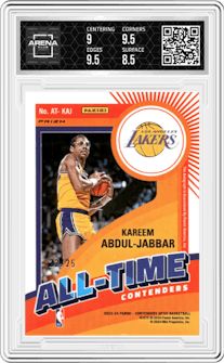 Kareem Abdul-Jabbar from the 2023-24 Panini Contenders Optic set graded by Arena Club and given an overall grade of 9.