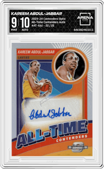 Kareem Abdul-Jabbar from the 2023-24 Panini Contenders Optic set graded by Arena Club and given an overall grade of 9.