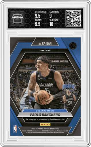 Paolo Banchero from the 2022-23 Panini Mosaic set featuring a Mosaic parallel graded by Arena Club and given an overall grade of 9.5.