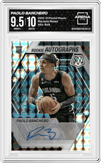 Paolo Banchero from the 2022-23 Panini Mosaic set featuring a Mosaic parallel graded by Arena Club and given an overall grade of 9.5.