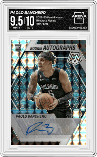 Paolo Banchero from the 2022-23 Panini Mosaic set featuring a Mosaic parallel graded by Arena Club and given an overall grade of 9.5.