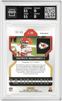 Patrick Mahomes II from the 2021 Panini Prizm set featuring a Blue Ice parallel and given an overall grade of 9.