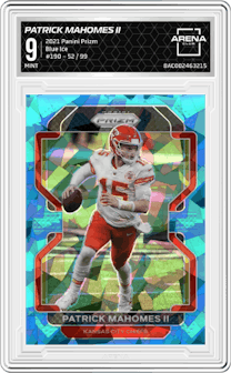 Patrick Mahomes II from the 2021 Panini Prizm set featuring a Blue Ice parallel and given an overall grade of 9.