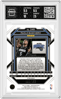 Paolo Banchero from the 2022-23 Panini Prizm  set featuring a Premium Factory Set parallel graded by Arena Club and given an overall grade of 8.
