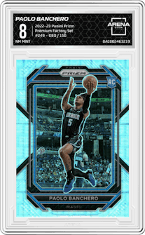 Paolo Banchero from the 2022-23 Panini Prizm  set featuring a Premium Factory Set parallel graded by Arena Club and given an overall grade of 8.