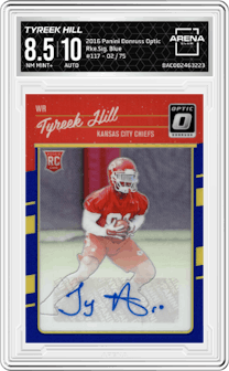 Tyreek Hill from the 2016 Panini Donruss Optic set featuring a Blue parallel graded by Arena Club and given an overall grade of 8.5.