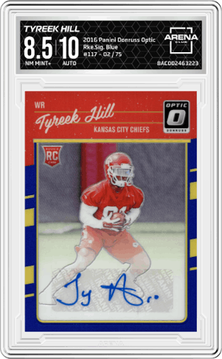 Tyreek Hill from the 2016 Panini Donruss Optic set featuring a Blue parallel graded by Arena Club and given an overall grade of 8.5.