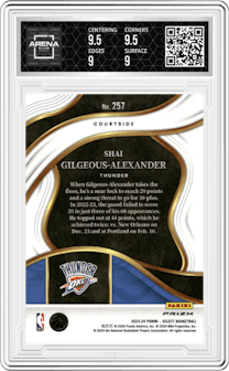 Shai Gilgeous-Alexander from the 2023-24 Panini Select  set featuring a Zebra Prizm parallel graded by Arena Club and given an overall grade of 9.5.