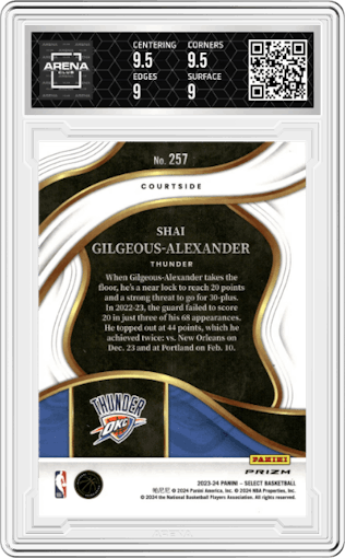 Shai Gilgeous-Alexander from the 2023-24 Panini Select  set featuring a Zebra Prizm parallel graded by Arena Club and given an overall grade of 9.5.