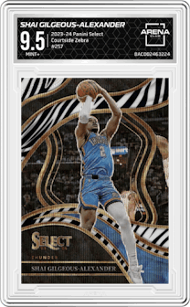 Shai Gilgeous-Alexander from the 2023-24 Panini Select  set featuring a Zebra Prizm parallel graded by Arena Club and given an overall grade of 9.5.