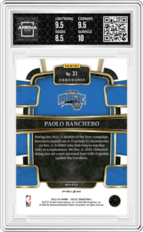 Paolo Banchero from the 2023-24 Panini Select  set featuring a Elephant Prizm parallel graded by Arena Club and given an overall grade of 9.