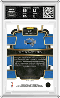  Paolo Banchero from the 2023-24 Panini Select  set featuring a Elephant Prizm parallel and given an overall grade of 9.
