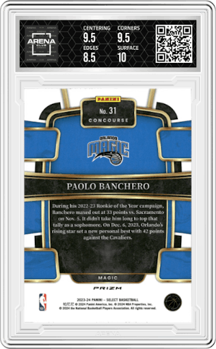  Paolo Banchero from the 2023-24 Panini Select  set featuring a Elephant Prizm parallel graded by Arena Club and given an overall grade of 9.