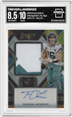 Trevor Lawrence from the 2022 Panini Select set featuring a Tie-Dye parallel graded by Arena Club and given an overall grade of 8.5.