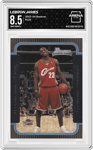 LeBron James  from the 2003-04 Bowman set graded by Arena Club and given an overall grade of 8.5.