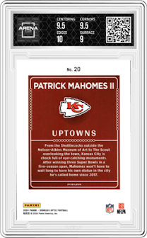 Patrick Mahomes II from the 2024 Donruss Optic set graded by Arena Club and given an overall grade of 9.5.