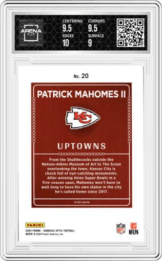 Patrick Mahomes II from the 2024 Donruss Optic set graded by Arena Club and given an overall grade of 9.5.