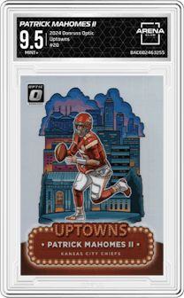 Patrick Mahomes II from the 2024 Donruss Optic set graded by Arena Club and given an overall grade of 9.5.