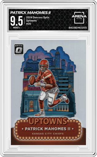 Patrick Mahomes II from the 2024 Donruss Optic set graded by Arena Club and given an overall grade of 9.5.