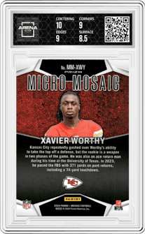 Xavier Worthy from the 2024 Panini Mosaic set graded by Arena Club and given an overall grade of 9.