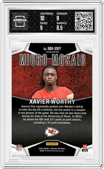 Xavier Worthy from the 2024 Panini Mosaic set and given an overall grade of 9.