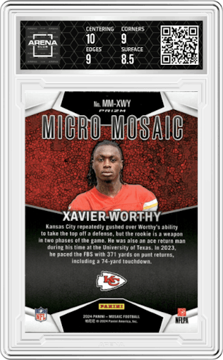 Xavier Worthy from the 2024 Panini Mosaic set graded by Arena Club and given an overall grade of 9.