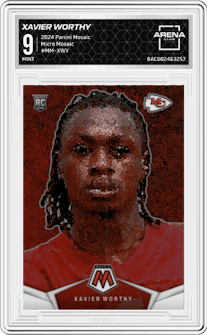 Xavier Worthy from the 2024 Panini Mosaic set graded by Arena Club and given an overall grade of 9.